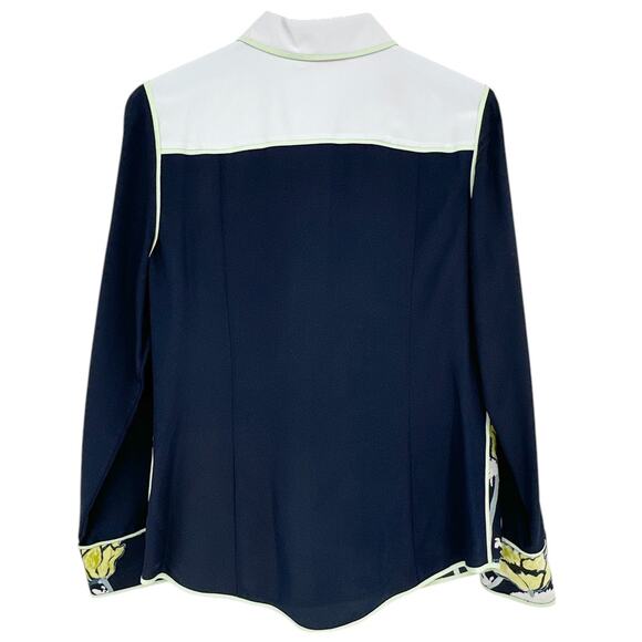 TORY BURCH Printed Contrast Silk Shirt in Navy Poppies Bloom 4 - Picture 3 of 9